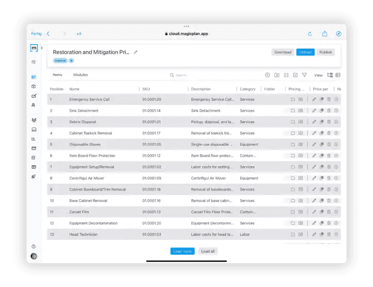magic plan pricing catalog showing restoration and mitigation service line items for estimating