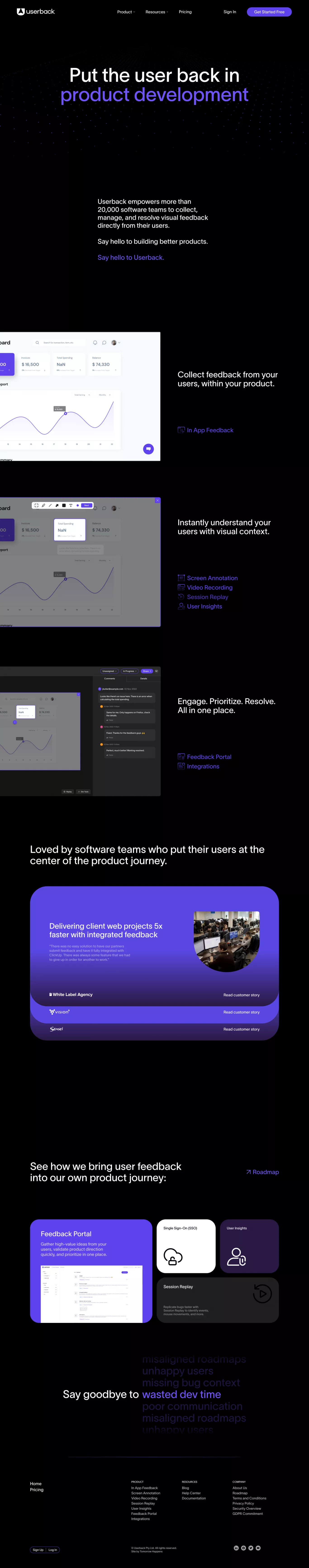Userback landing page screenshot showcasing Design and Tech design