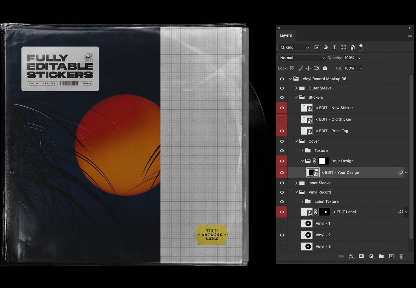 Vinyl record mockup layered Photoshop PSD showing organized smart object layers