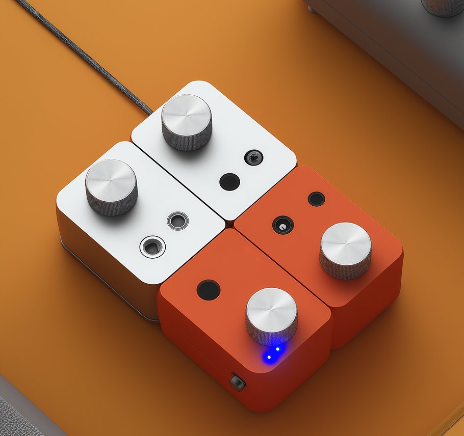 Modular white and orange control device with metal knobs on an orange surface