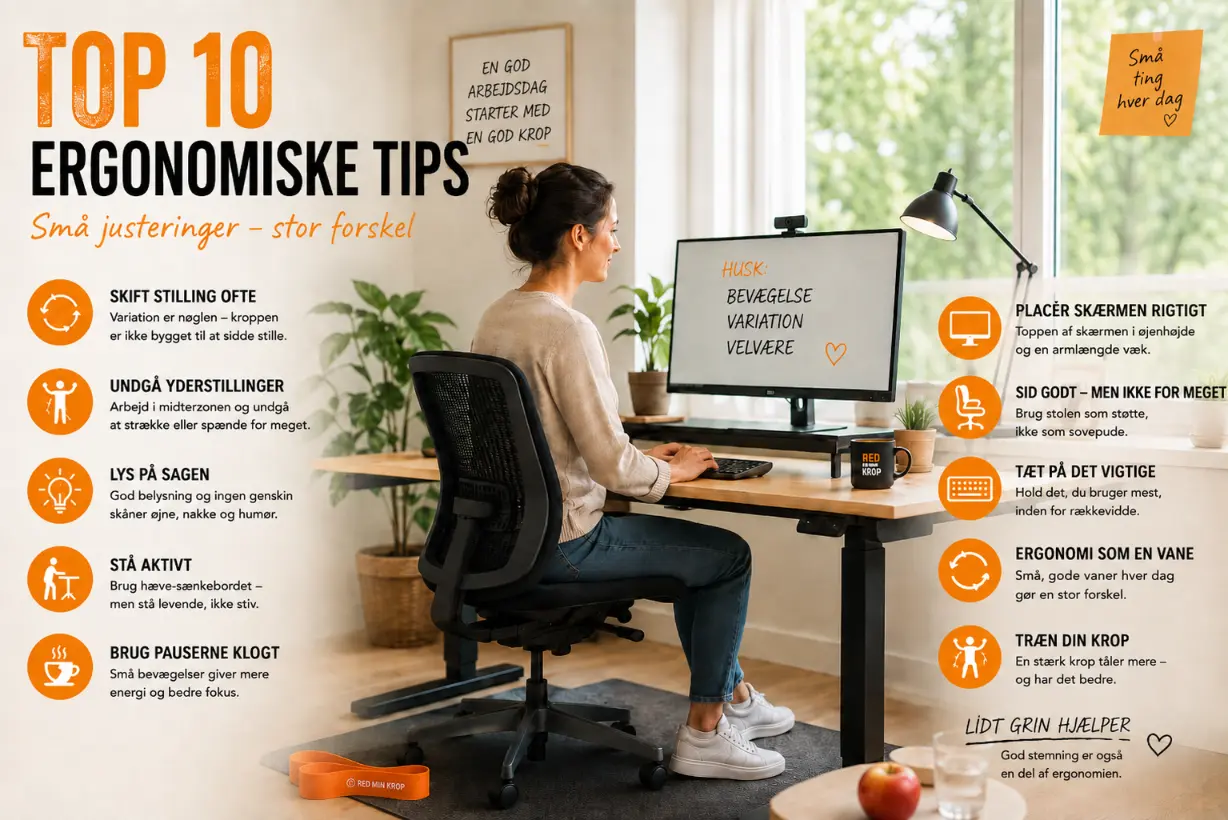 Top 10 ergonomiske tips til kontorarbejde med fokus på arbejdsstilling, pauser, skærmplacering og bevægelse.