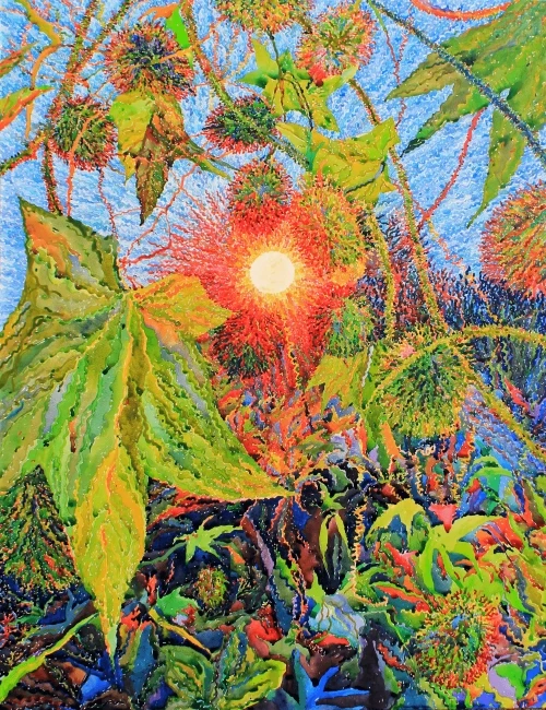 Abstract painting of plants and a sunburst.