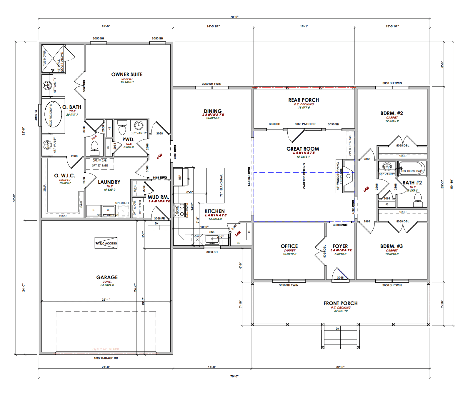 3 bed, 2.5 bath custom home floorplan