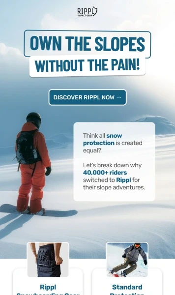 Email from Rippl showing a man with snowboarding gear on a snowy mountain, promoting snowboarding with comfort.