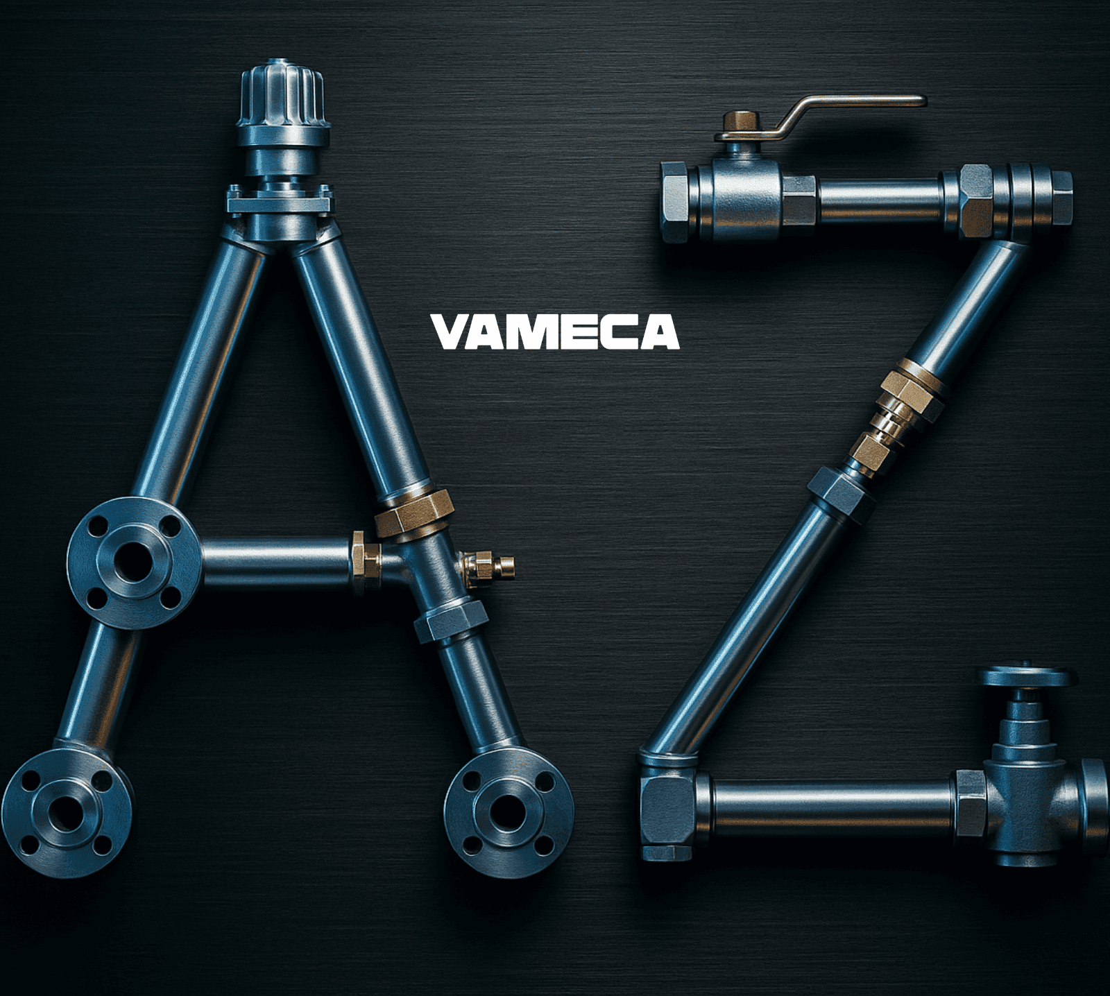 Photo macro ultra-réaliste de vannes, raccords et actionneurs industriels en acier inox et laiton formant les lettres A à Z, sur fond métallique brossé sombre, éclairage cinématique bleu acier, design industriel haut de gamme signé VAMECA.