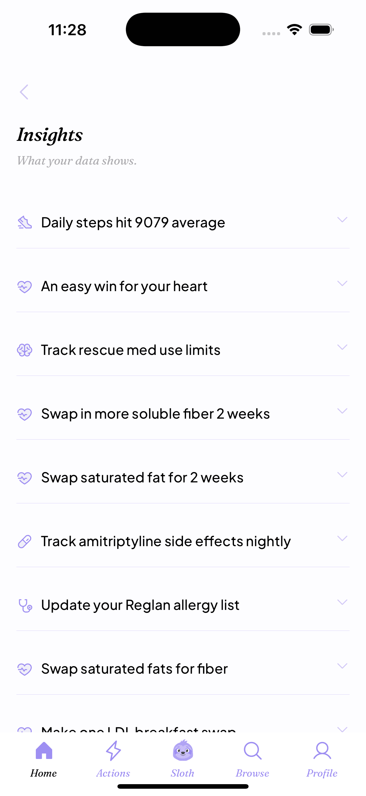 Slothwise health app dashboard with daily summary, insights, and reminders sections in light mode