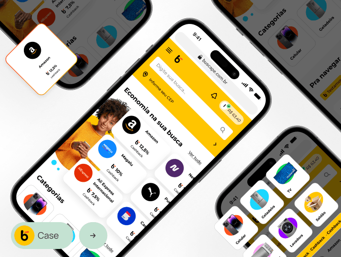 Tela inicial do aplicativo Buscapé, mostrando a interface em diversos smartphones. O usuário pode pesquisar por produtos, explorar categorias e visualizar cashbacks exclusivos. A imagem também destaca um card da interface com a loja Amazon e a seção de categorias que é colorida e tem a imagem de diferentes produtos, como tv, celular, etc