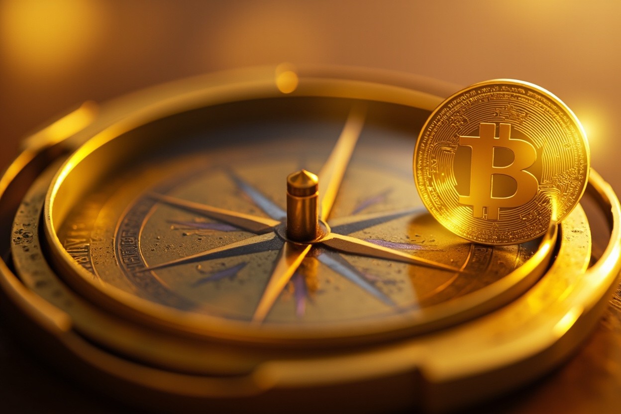 A golden compass pointing towards a digital gold coin, symbolizing navigation in the world of crypto with BlueGold One.