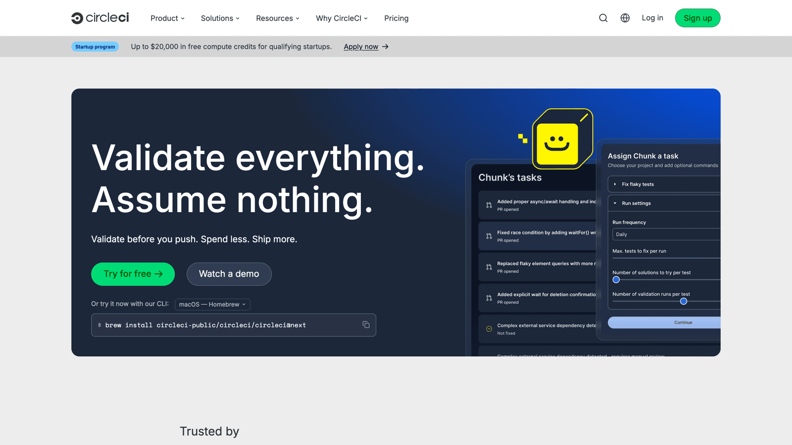 CircleCI homepage with the validate everything assume nothing hero and Chunk agent panel