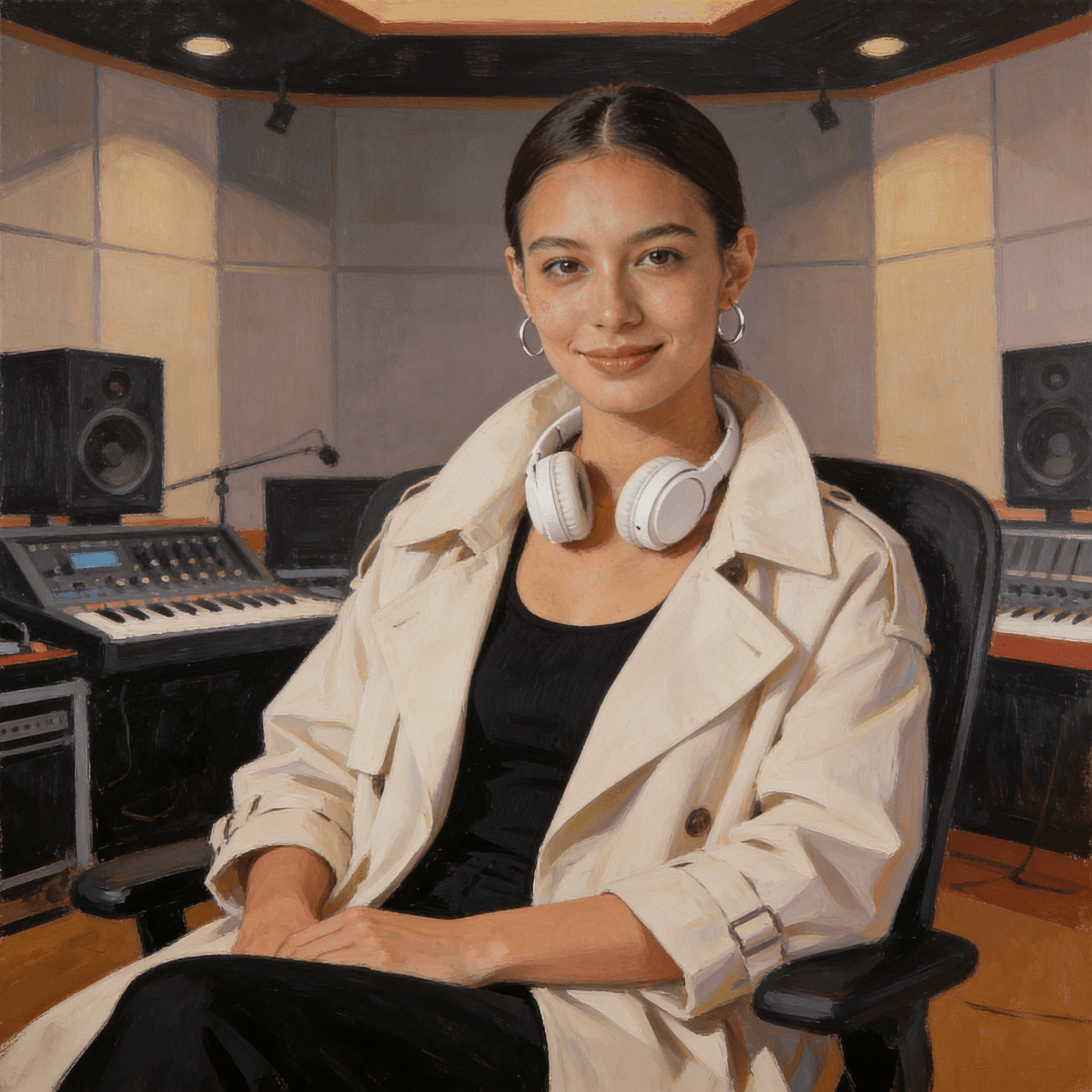 Young woman with short, dark hair and a yellow sweater looks serious, surrounded by hands holding smartphones, conveying intrusion and tension.