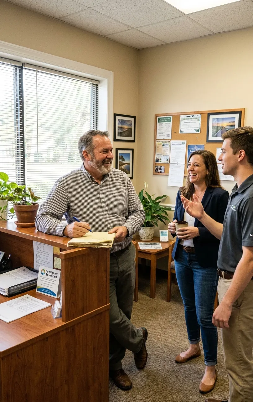 Man at desk reviewing files, RockN' Socials Digital Marketing Agency office.