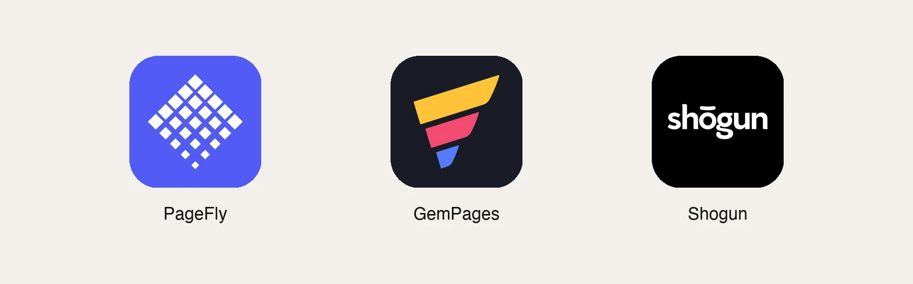 App icons from the Shopify App Store: PageFly, GemPages, Shogun