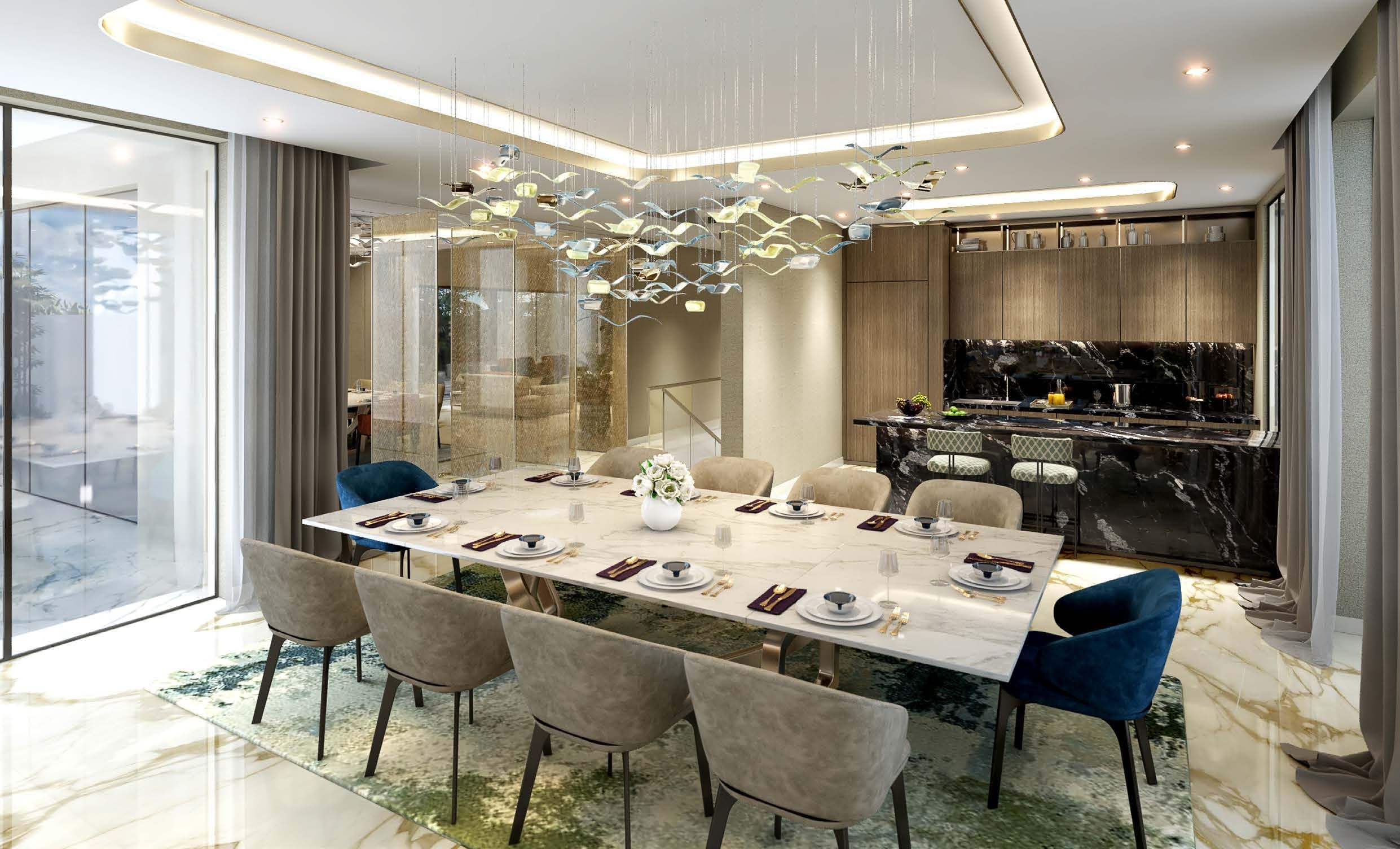 A dining room featuring elegant marble flooring and a stylish marble table, set in a Tahitian-inspired design.
