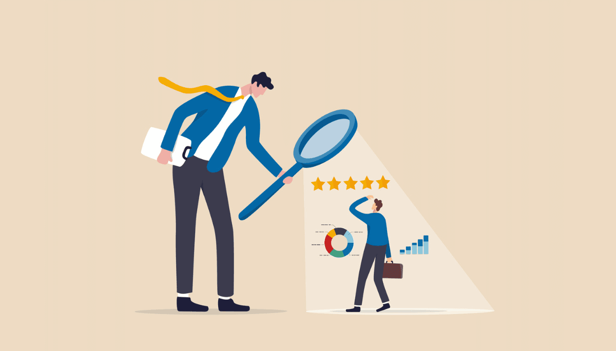 Illustration of a large figure examining an employee under a spotlight with performance metrics like star ratings and charts—representing the process of conducting effective employee evaluations and performance reviews.