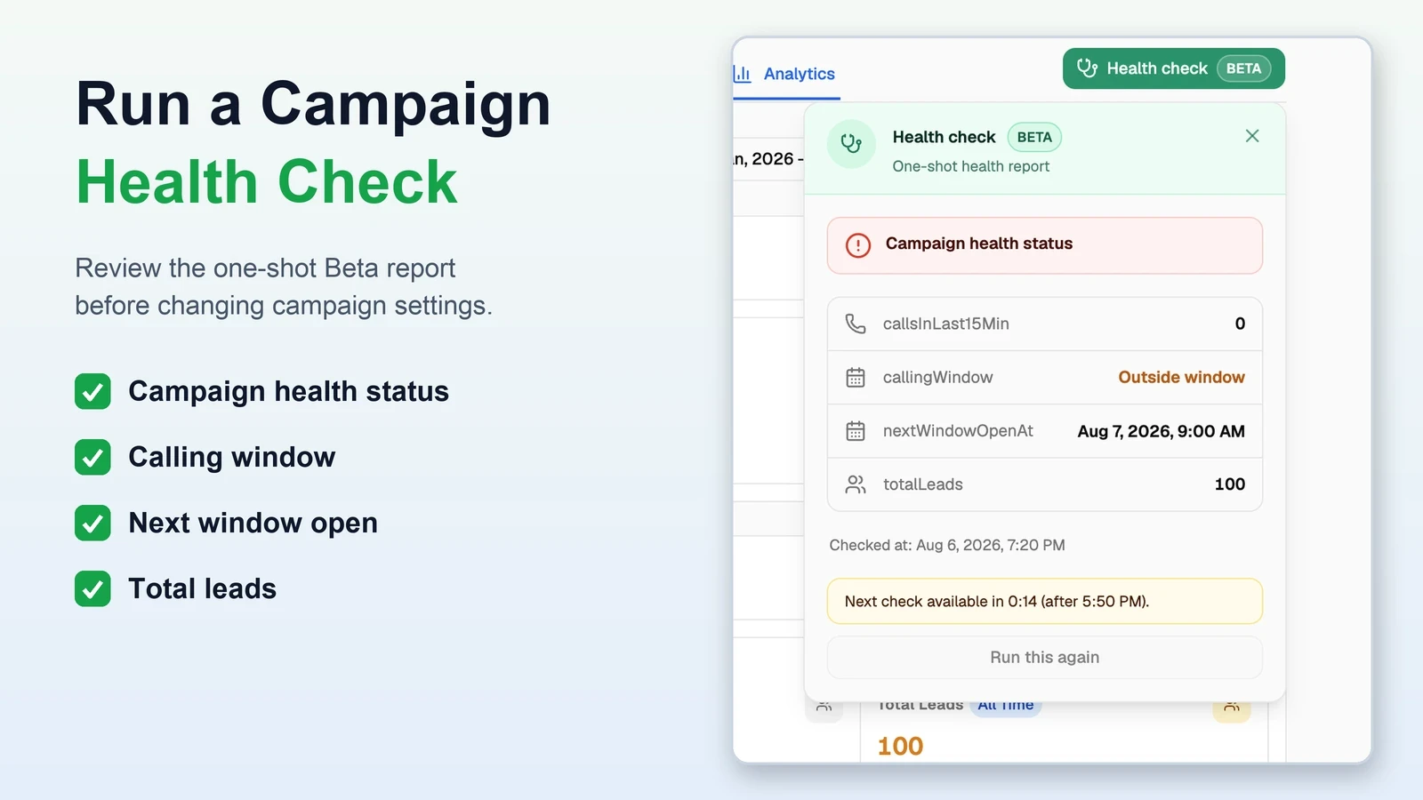 VoiceAIWrapper one-click, on-demand Campaign Health Check showing calling-window status, next opening time, and total leads.