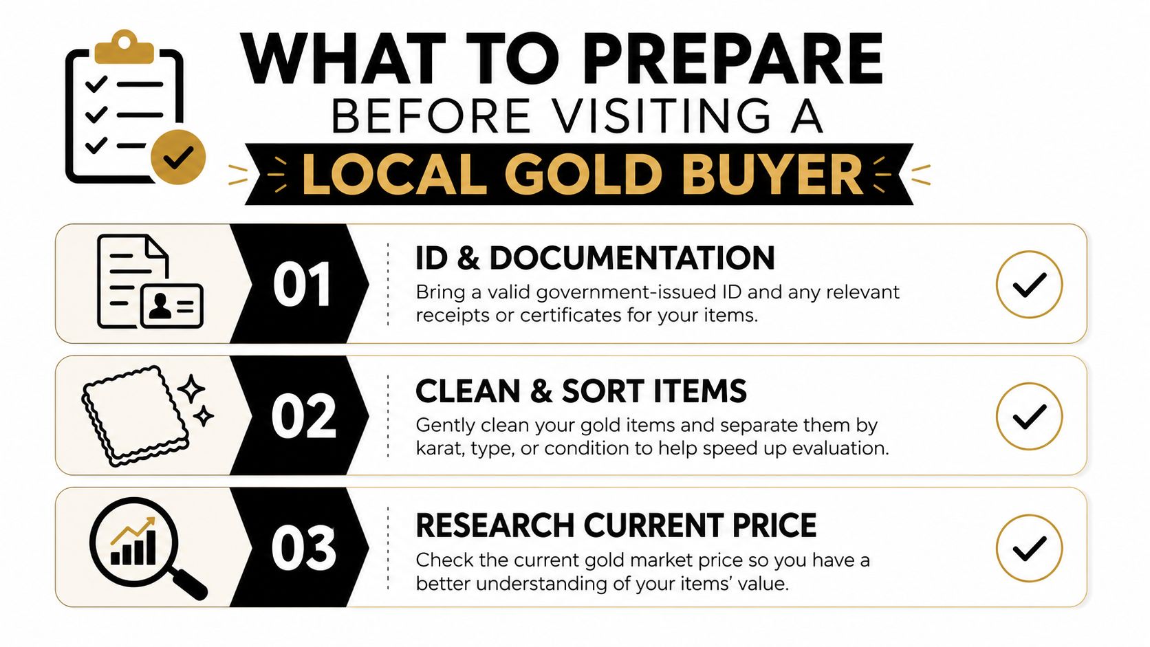A checklist infographic titled What to Prepare Before Visiting a Local Gold Buyer with three essential steps.