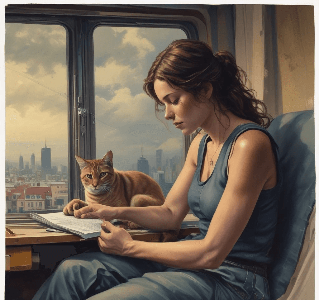 Heso blog image, a woman stressed but seeking emotional support, with a cat on the desk