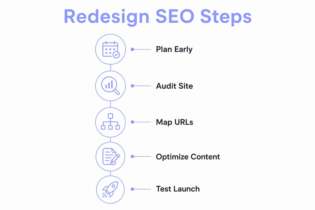 Infographic showing steps to integrate SEO in redesign