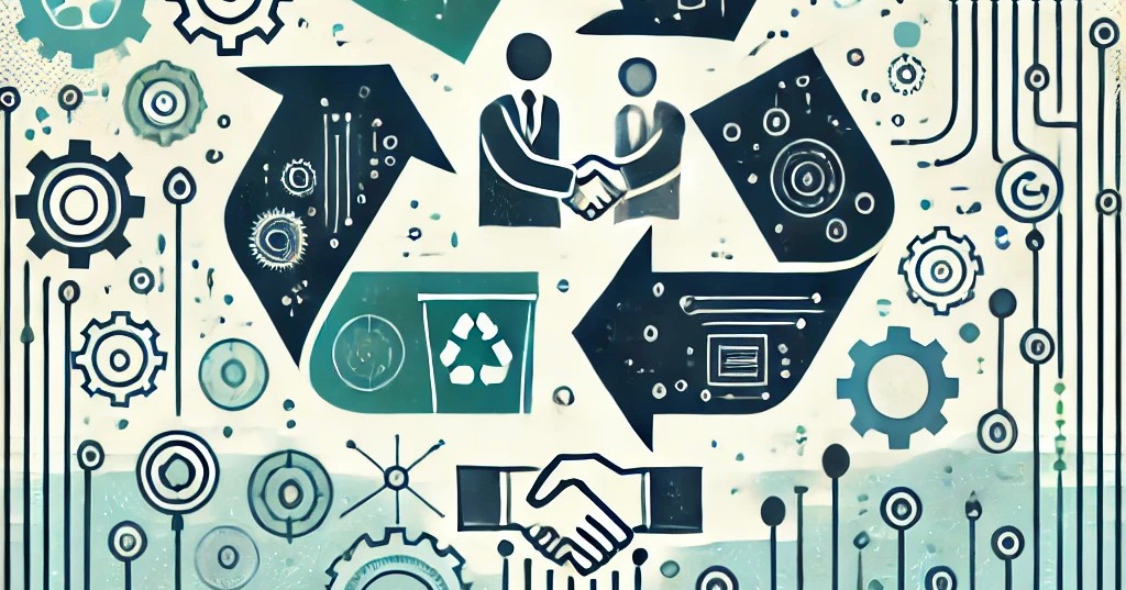 The image is an illustration featuring various icons and symbols that represent themes of collaboration, recycling, and technology. Key elements of the image include:  Collaboration Symbols:  Handshaking Figures: At the center of the image, there are two figures shaking hands, symbolizing agreement, partnership, and collaboration. Handshake Icon: Another handshake icon is placed below the central figures, reinforcing the theme of cooperation and mutual understanding. Recycling Symbol:  Recycling Icon: A recycling symbol is prominently displayed, indicating a focus on sustainability, environmental responsibility, and the cyclical nature of resources. Technology and Mechanisms:  Gears and Cogs: The image includes multiple gears and cogs, representing technology, machinery, and industrial processes. These elements suggest innovation and the mechanical aspect of recycling and collaboration. Circuit Patterns: Patterns resembling electronic circuits are present, emphasizing the technological and modern approach to solving problems. Directional Arrows:  Arrows: Several large arrows are interspersed throughout the image, indicating direction, flow, and the interconnected nature of the elements depicted. The arrows contribute to a sense of movement and dynamic interaction. Abstract and Symbolic Design:  Abstract Elements: The overall design is abstract, combining symbolic elements in a cohesive manner to convey the themes of the image. Color Scheme: The color scheme is primarily composed of shades of blue and green, evoking a sense of calm, trust, and environmental consciousness. Overall, the image effectively combines symbols of collaboration, technology, and recycling to create a visual representation of interconnectedness and sustainable practices. The use of abstract elements and a cohesive color scheme enhances the thematic message of working together towards common goals in a technologically advanced and environmentally responsible manner.