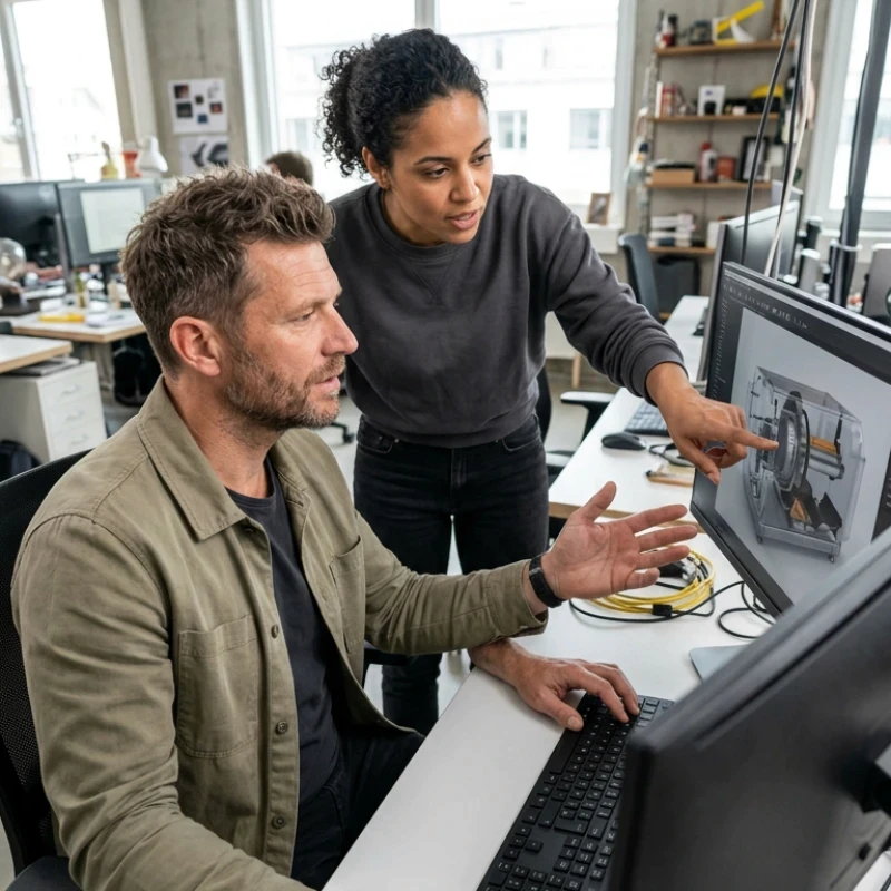 Équipe de consultants en agence analysant une modélisation technique complexe sur un écran d'ordinateur, illustrant notre expertise en Production audiovisuelle pour mettre l'expertise 3D au service de vos enjeux réels.