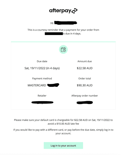 afterpay dunning email