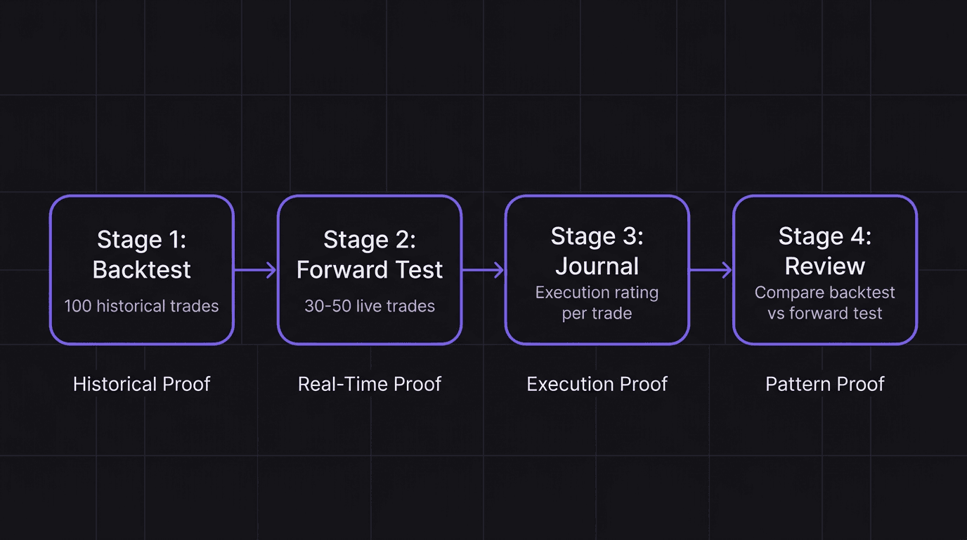 Four-stage pipeline from backtest to review for building trading conviction