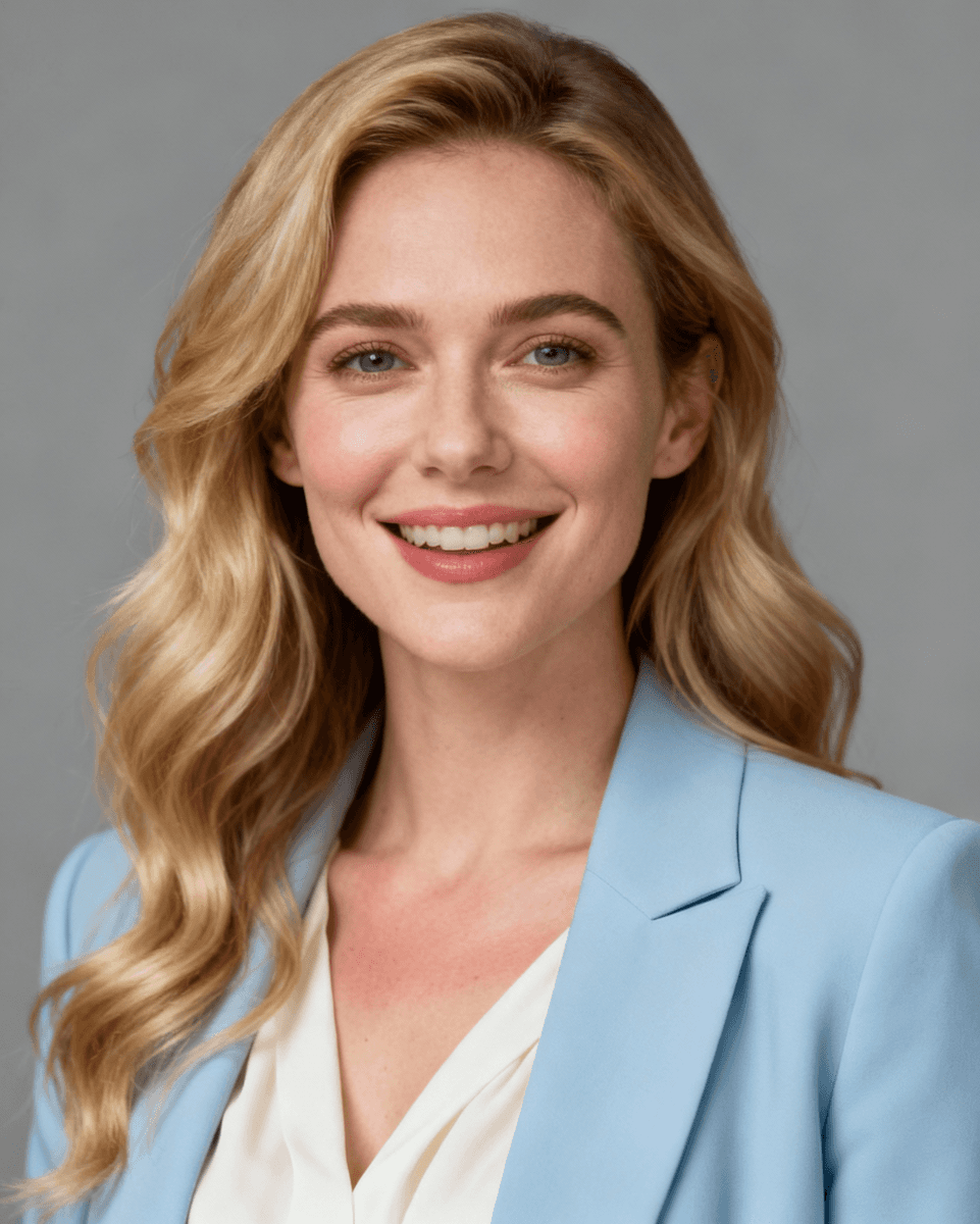 Fashion portrait of model in cream tailored blazer with pleated skirt detail, dramatic lighting on beige background