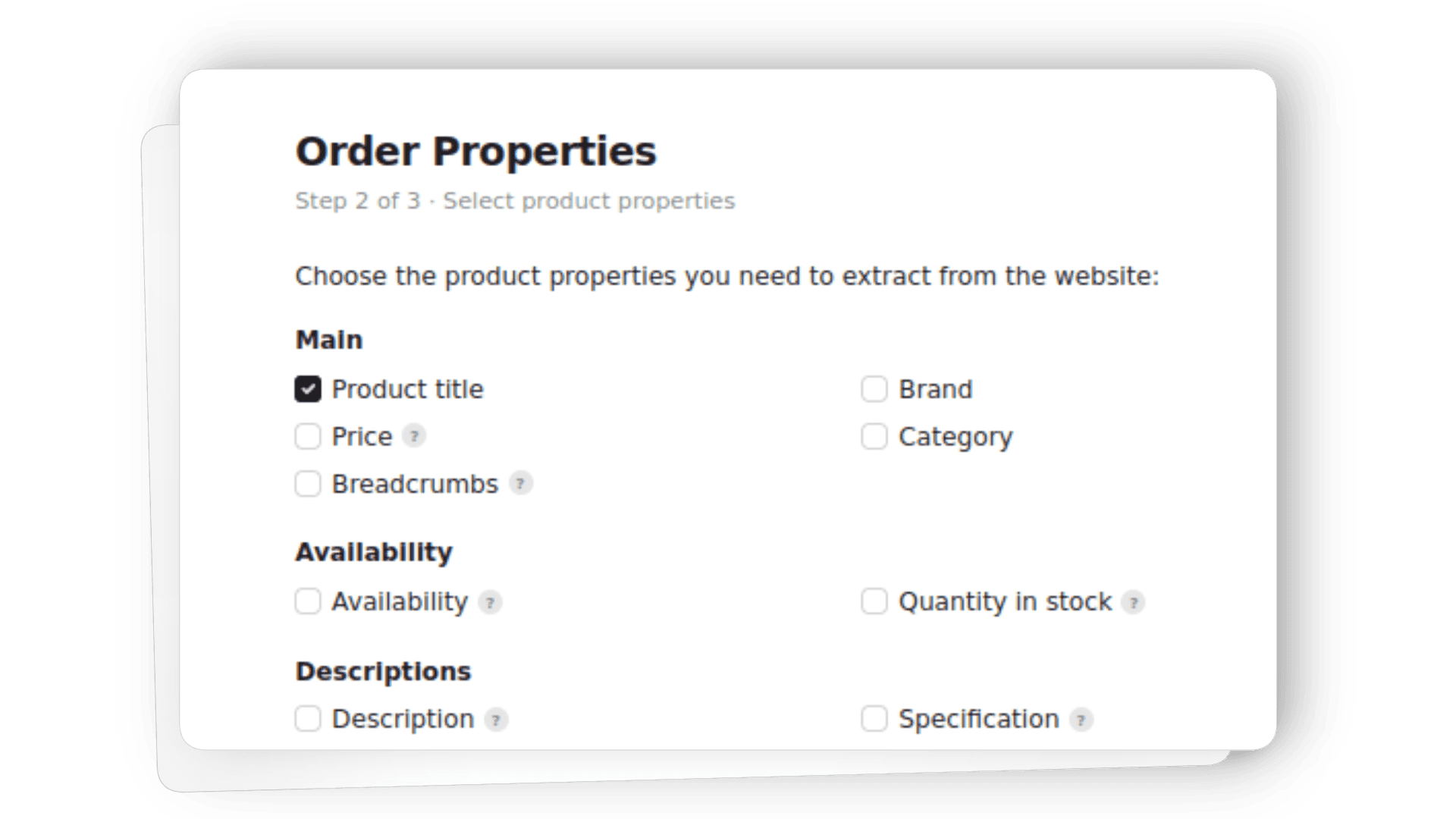 Ecommerce product mockup showing structured data fields such as price, availability, SKU, specifications, and shipping details.