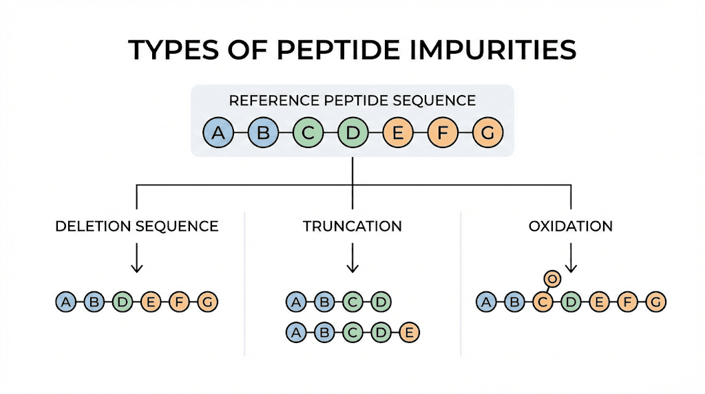 Common peptide synthesis impurities diagram showing deletion and oxidation