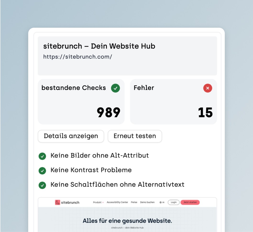 Mockup zeigt Tool zum Erkennen und zur Dokumentation von Barrieren und Bugs gemäß WCAG 2.2 und EN 301 549 mit direkter Task-Erstellung dazu
