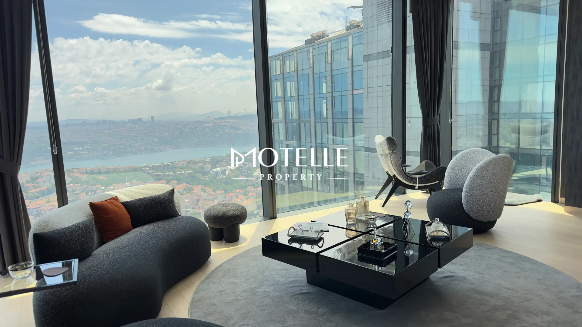 Panoramic Bosphorus view from 36th floor apartment in Çiftçi Tower Istanbul