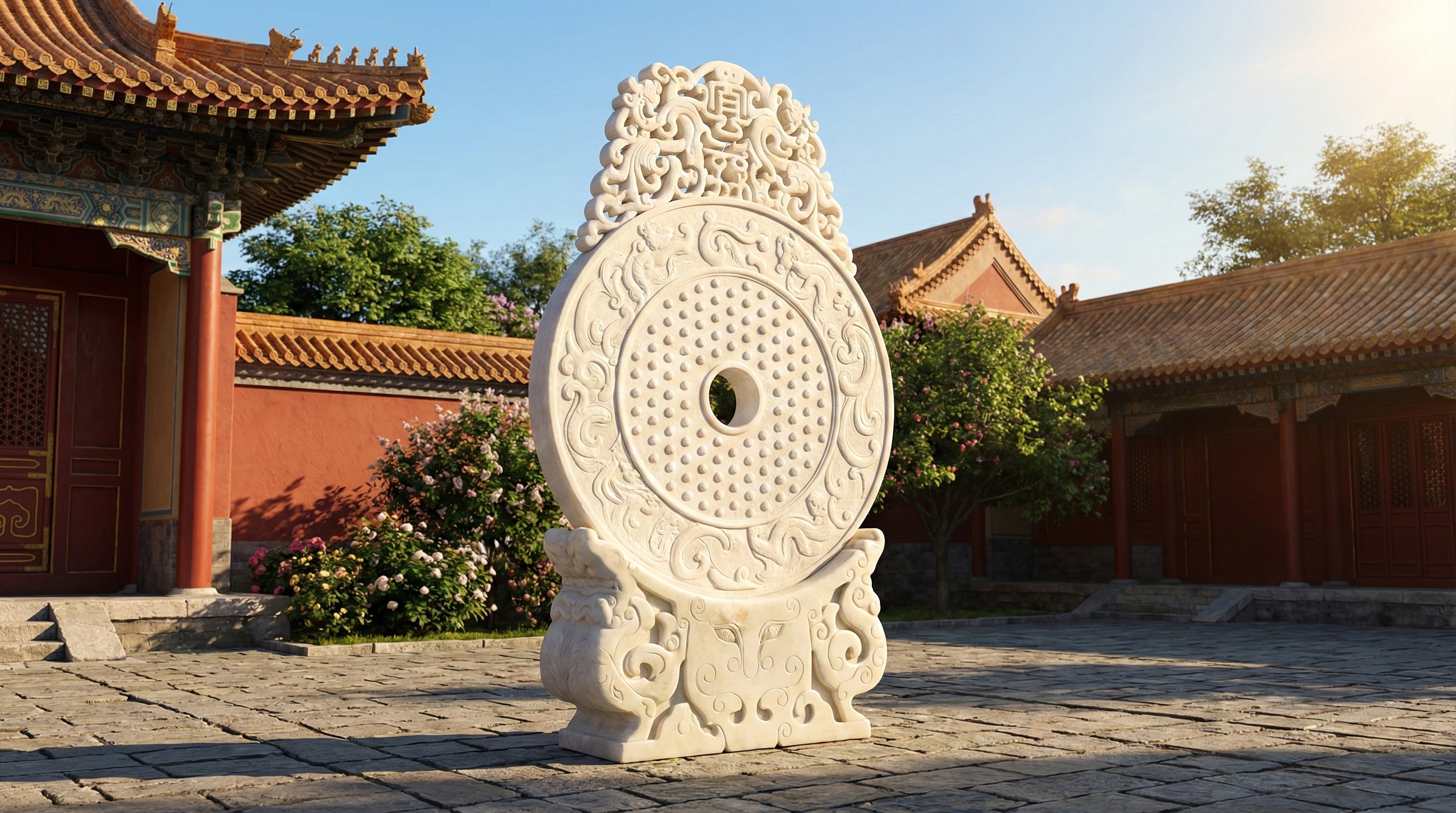 Hand-carved white marble Bi-disk screen sculpture positioned in a traditional Chinese courtyard, crafted by NOVA STONE.