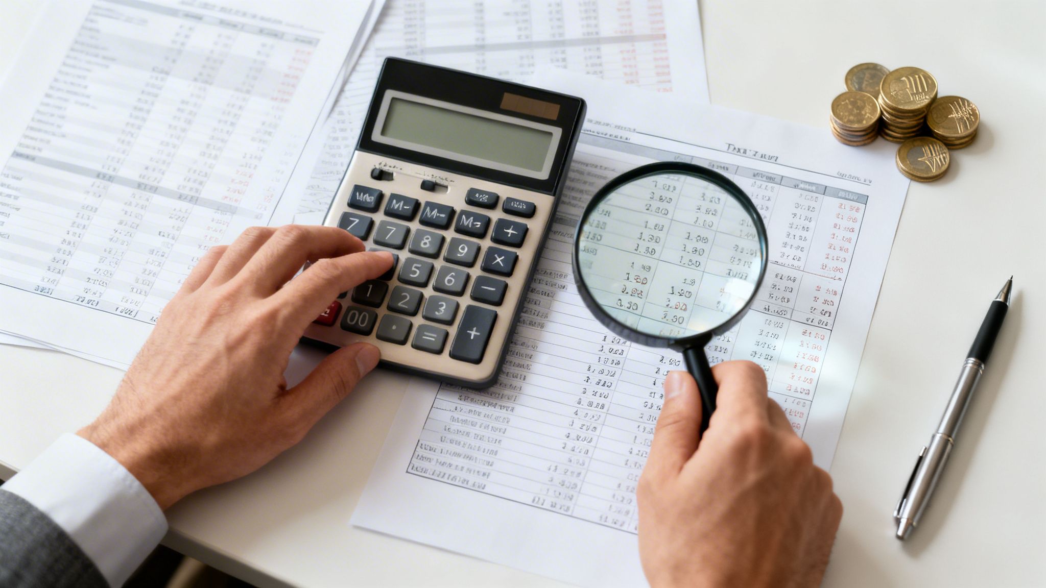 Hände prüfen Geschäftsdaten mit Taschenrechner, Lupe und Münzen auf Finanzdokumenten.