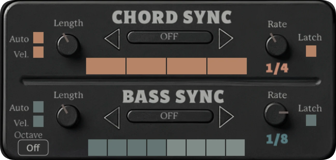 The combined Chord Sync and Bass Sync panel on the plug-in, both rows OFF, with the Chord Grid at 1/4 and the Bass Grid at 1/8, dark theme