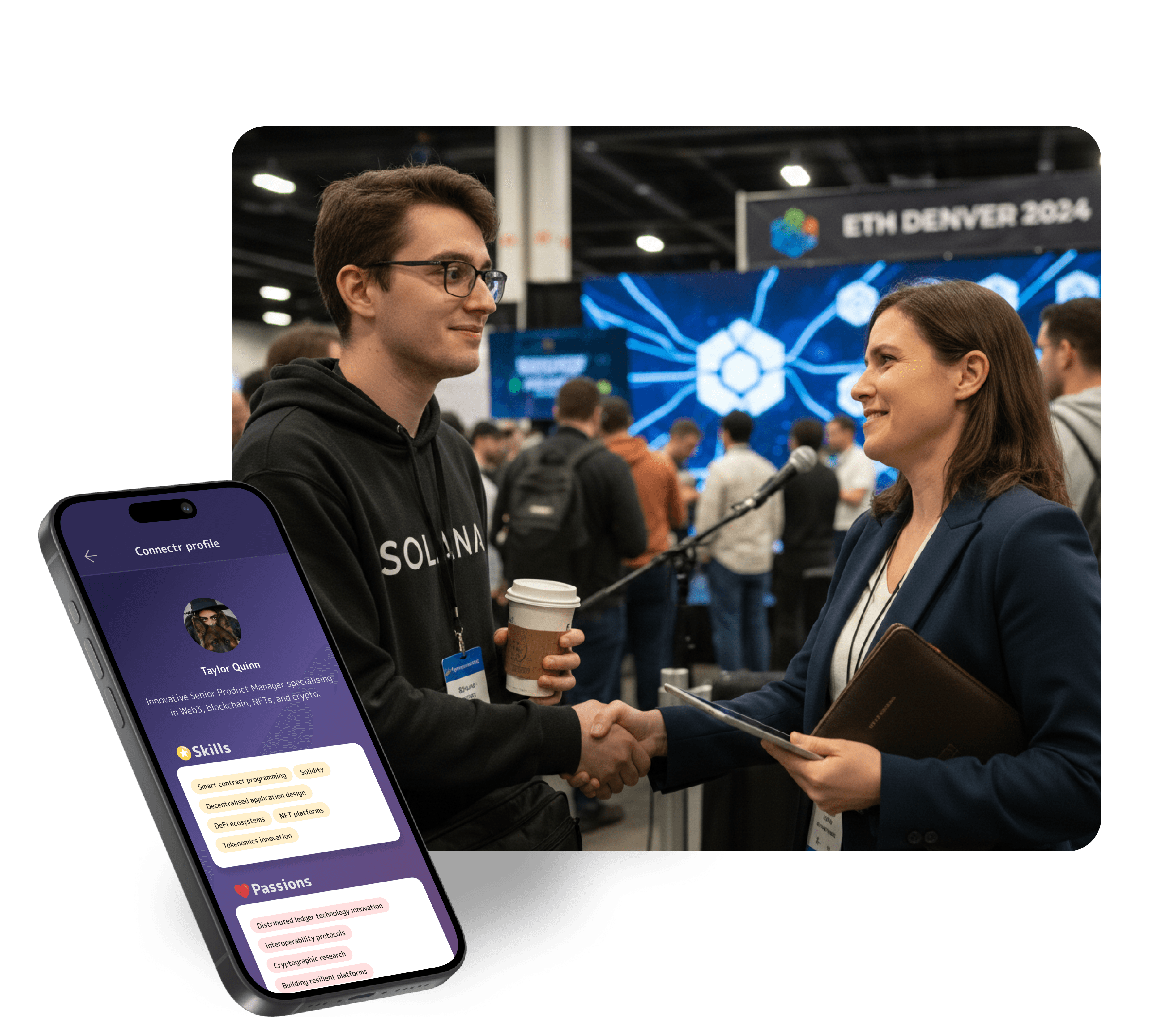 A man and woman shaking hands at a tech conference. In the foreground is a mockup of an app screen.