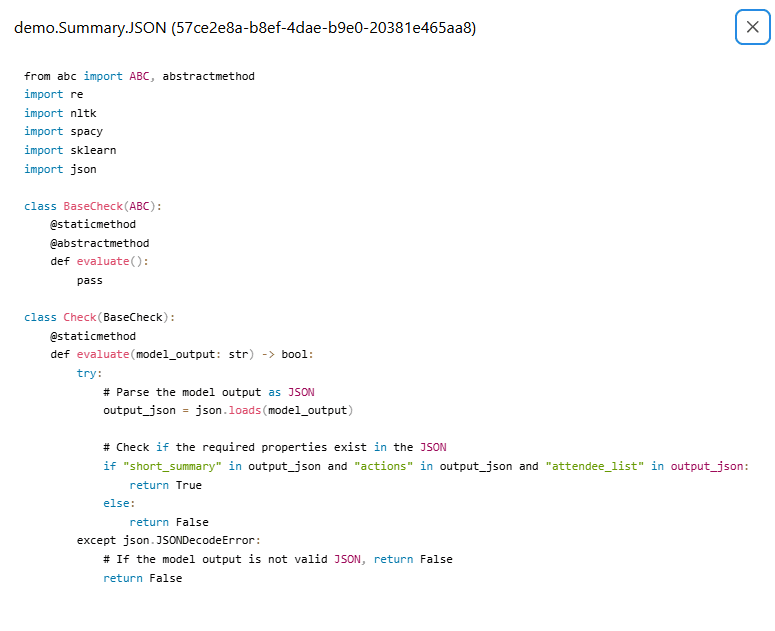 Screenshot of the Python code generated by Okareo for the JSON check.