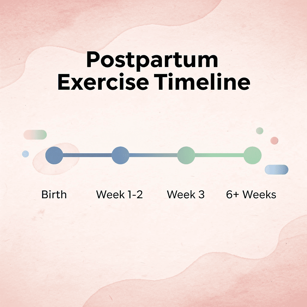 Timeline showing postpartum exercise progression from birth to 6+ weeks
