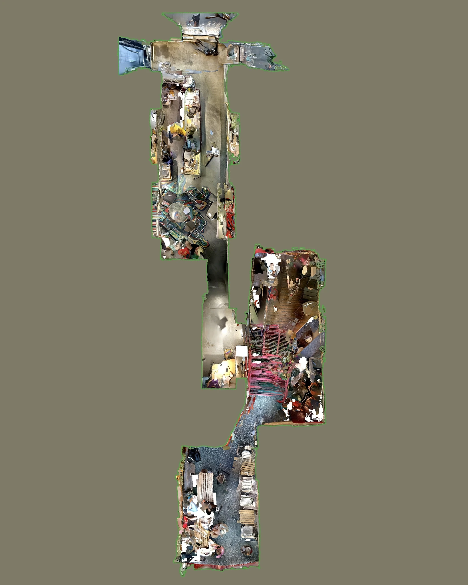 A rough iPhone 3D scan was converted into a flat bird-view plan. The result works as a graphic way to read the space from above.