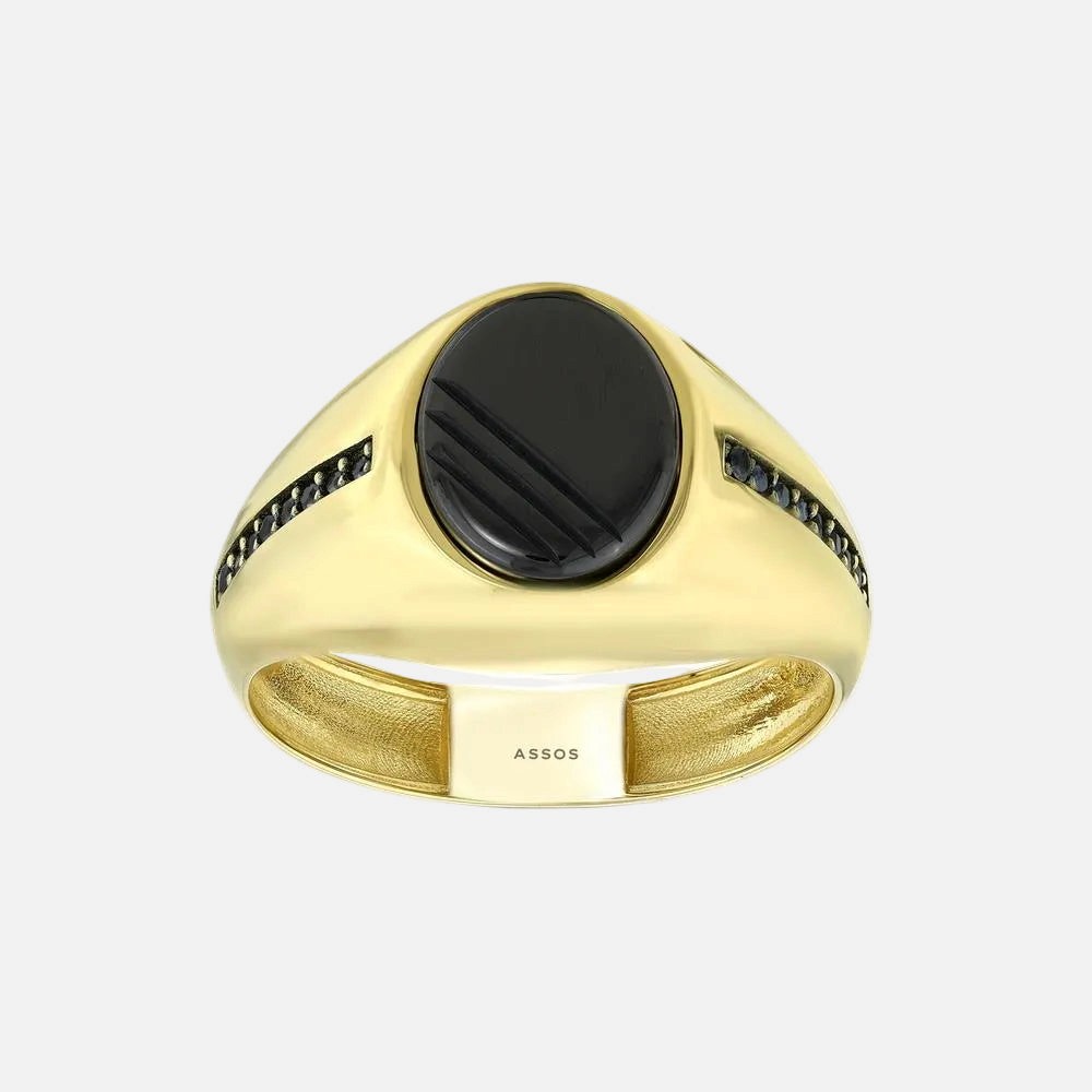 Assos Pırlanta 14 Ayar Altın Oniks Taşlı Klasik Erkek Yüzüğü