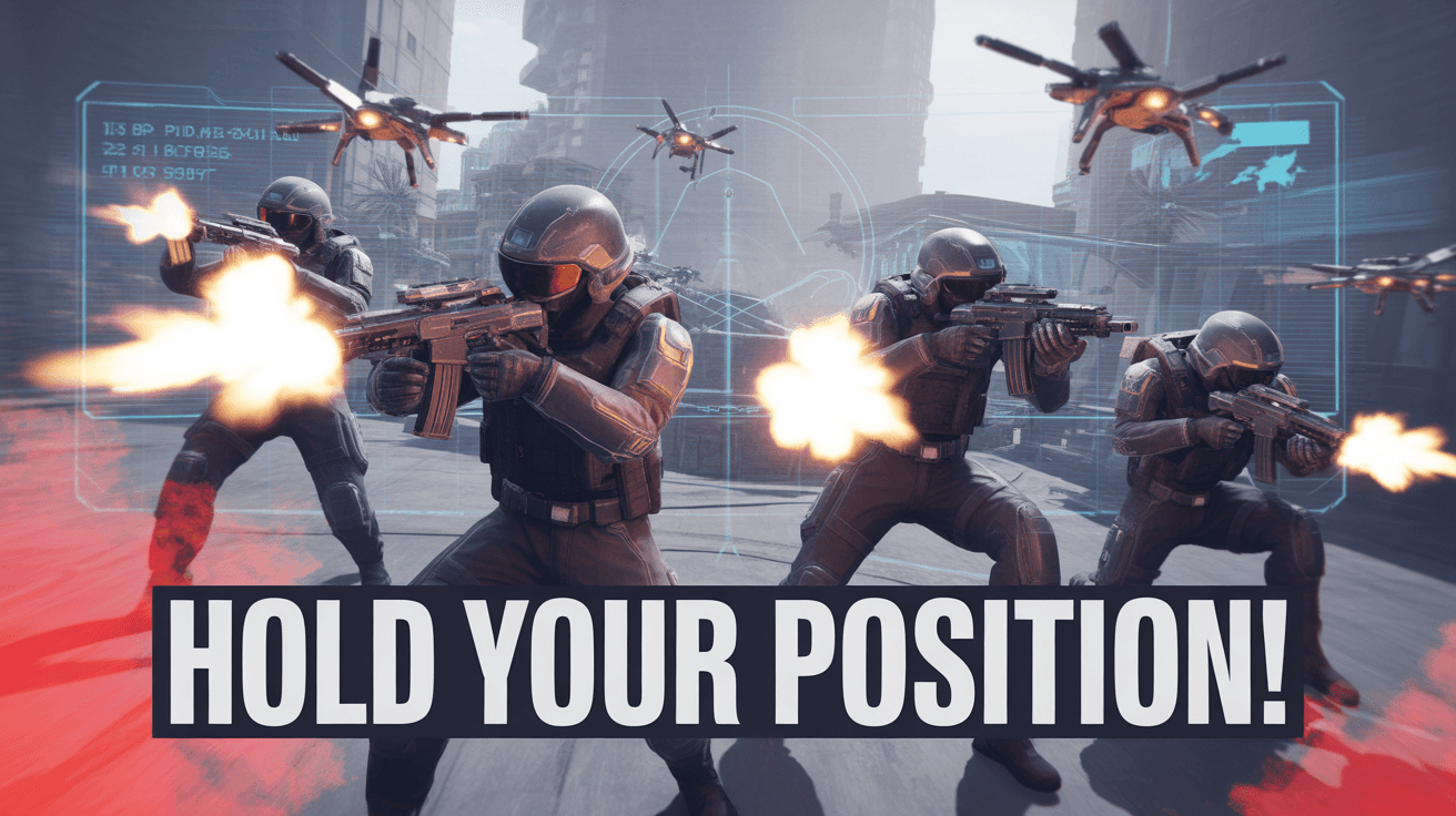 Futuristic soldiers firing from cover under Hold Your Position headline