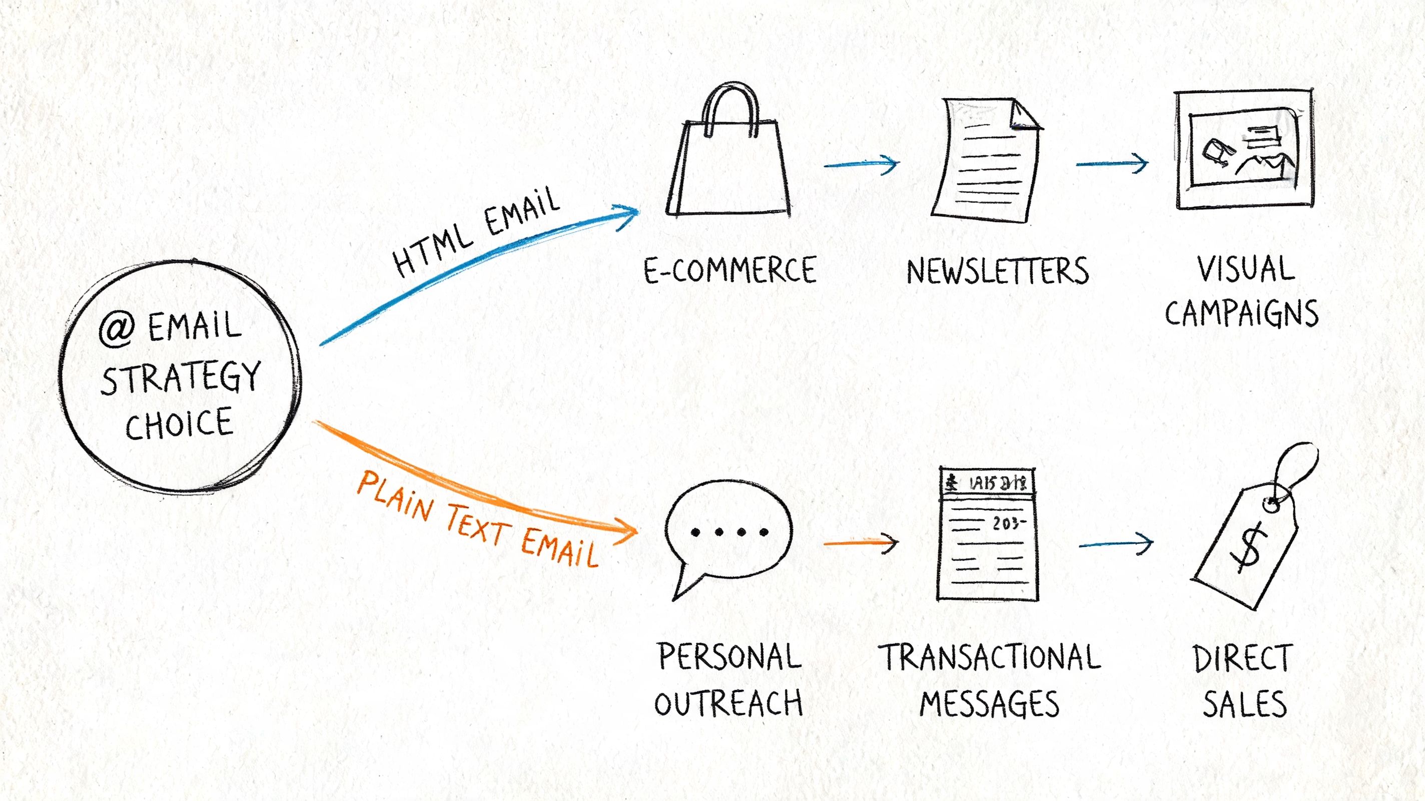 A diagram comparing HTML email strategies for marketing versus plain text email strategies for direct personal outreach.