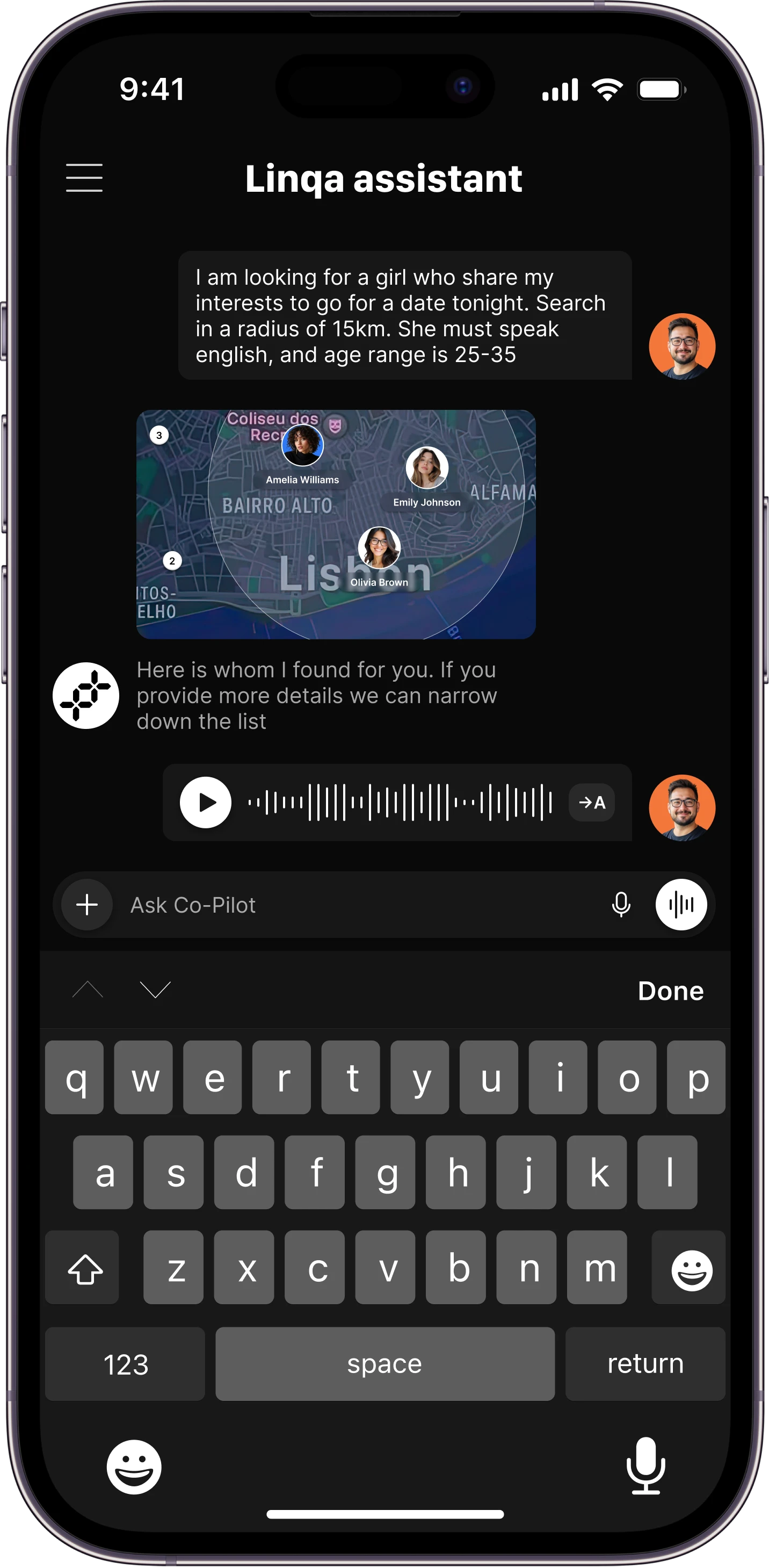 Smartphone mockup displaying the clean Linqa app interface, showcasing its smart AI matchmaking features designed to connect compatible users for offline meetups.