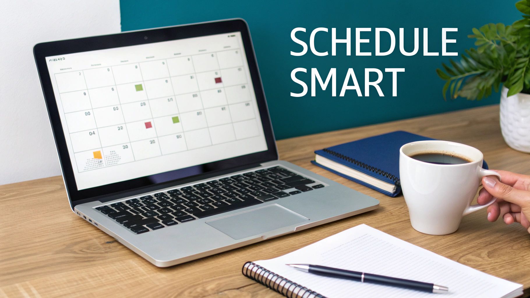 A professional woman sitting at a desk with a laptop, looking thoughtful while a calendar icon floats nearby, representing strategic planning.