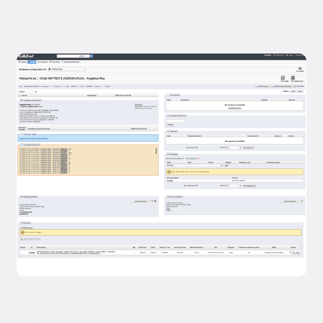 Legacy system (Presta) used for order management