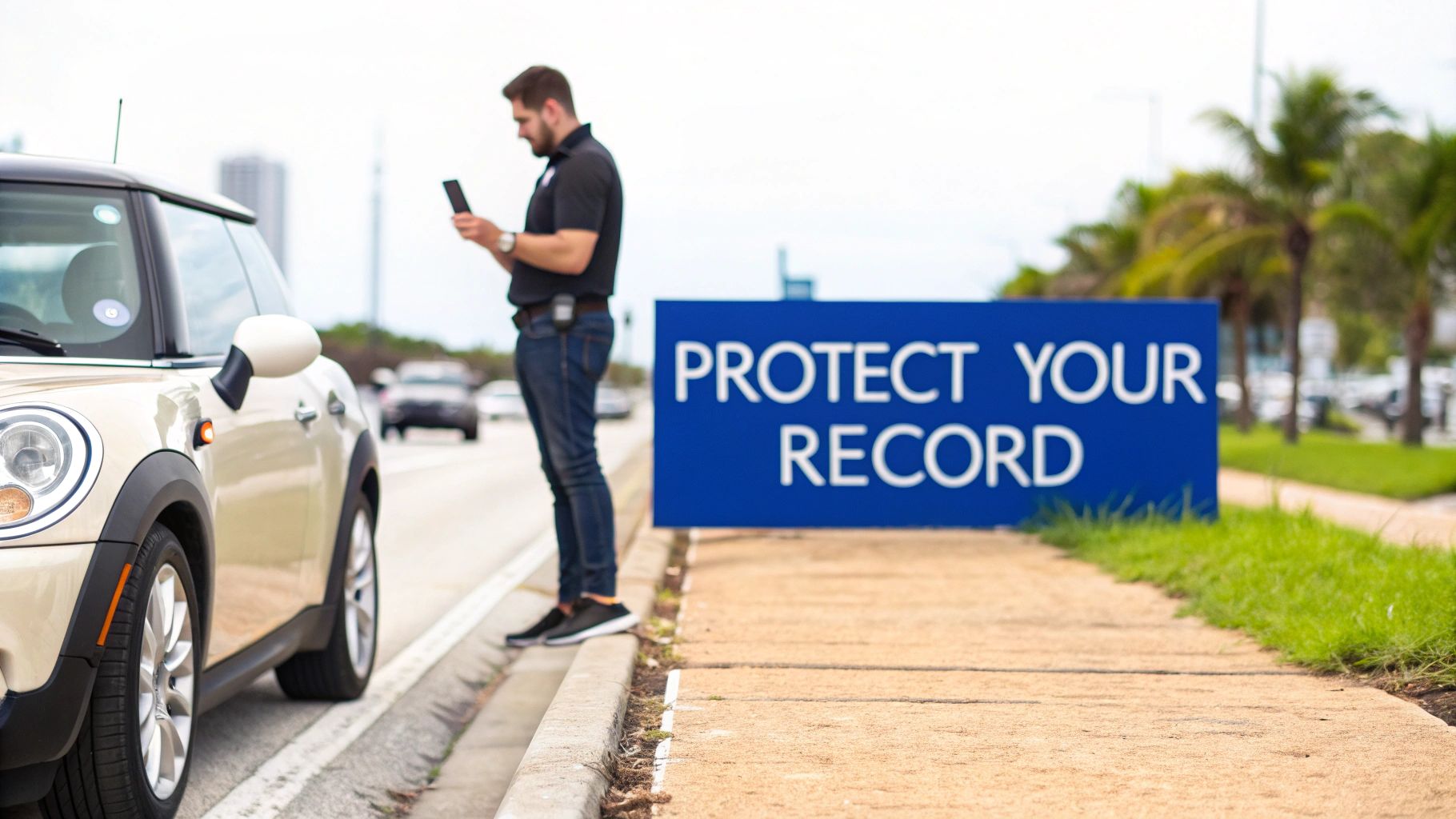 A man on his phone stands next to a beige Mini Cooper by a 'PROTECT YOUR RECORD' sign.