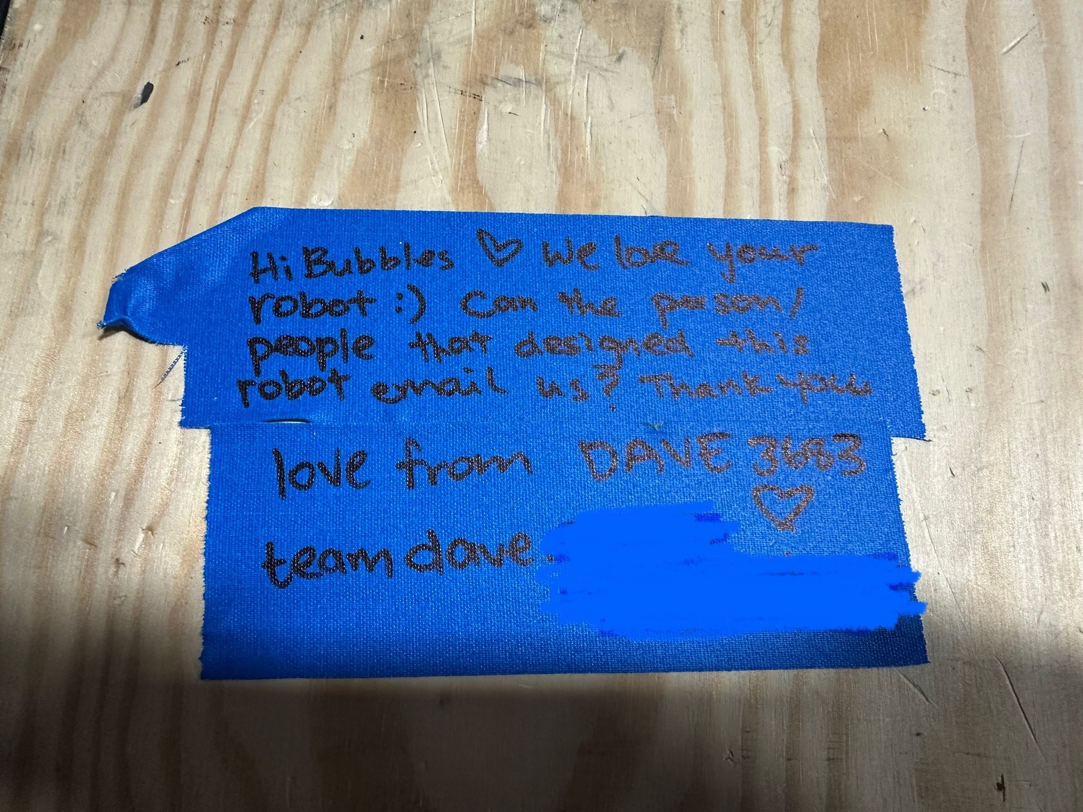 Team Dave left a note on our table to encourage Team Bubbles.