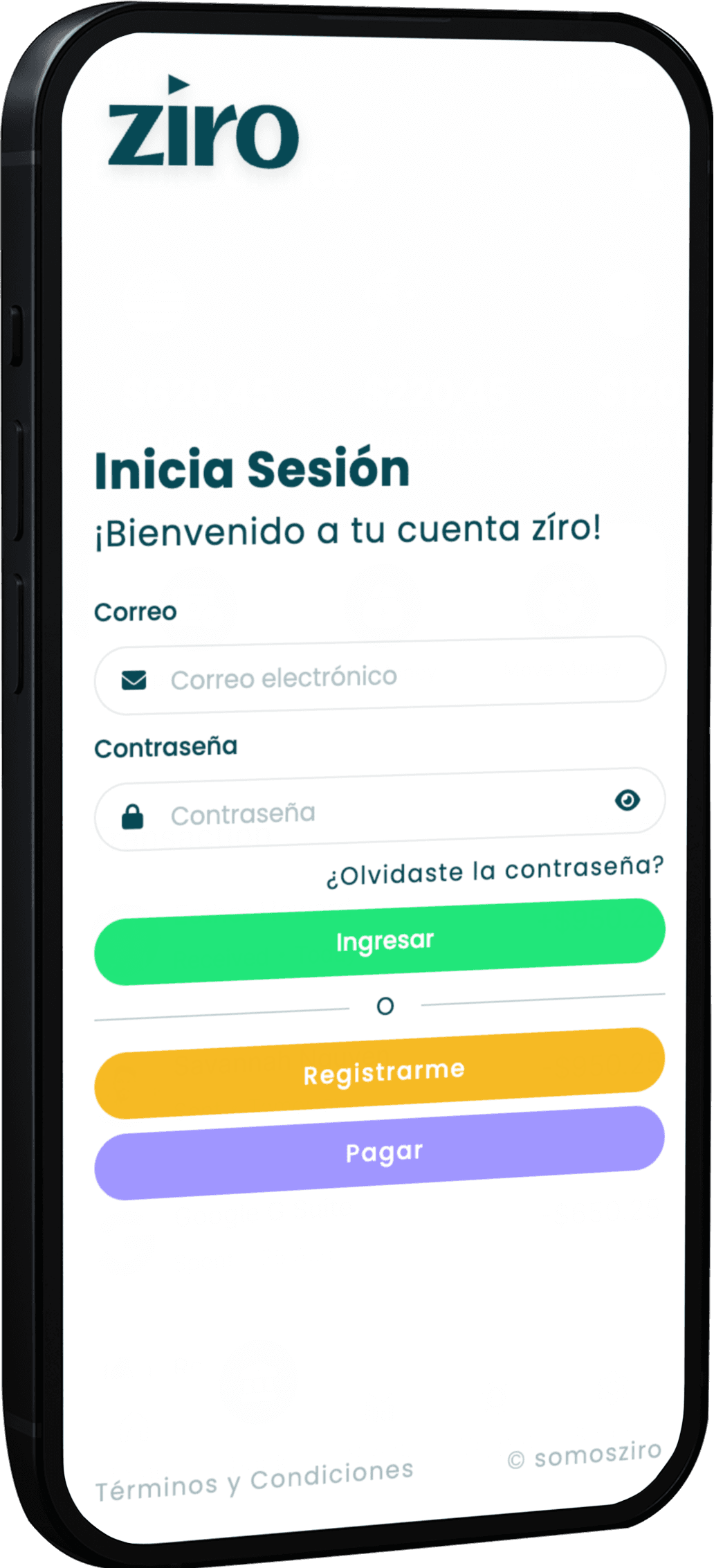 Pantalla de inicio de sesión en la app de zíro, facilitando el acceso a crédito sin intereses