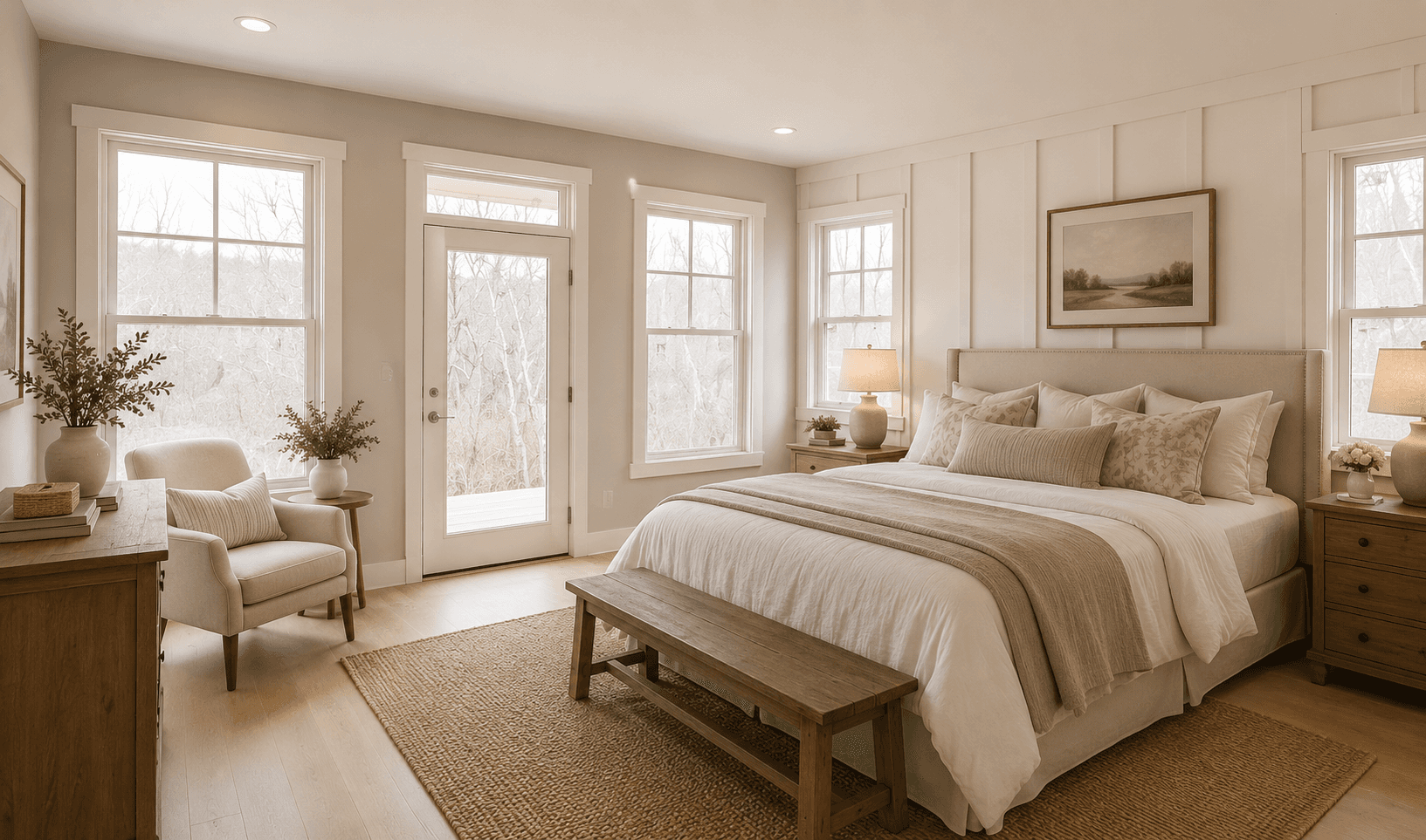 Primary bedroom with modern finishes and furniture