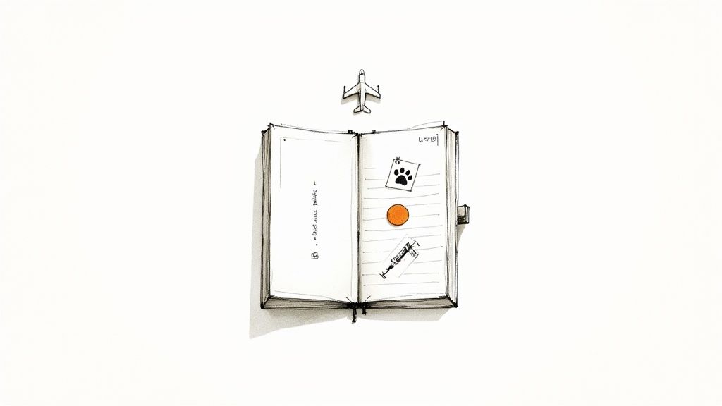A hand-drawn open notebook with an airplane, a paw print, a pill, and a syringe.