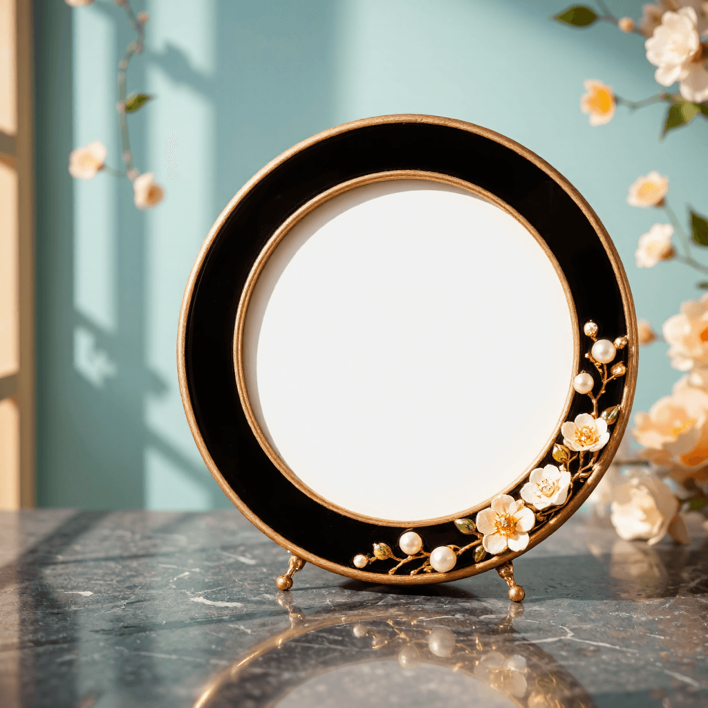 product photography of decorative photo frame with embedded flowers